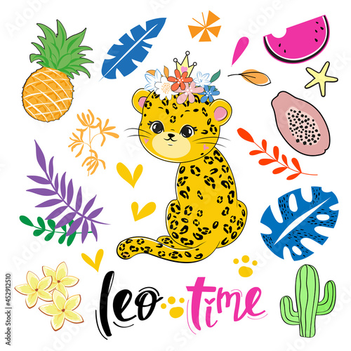 Beautiful leopard and tropical leaves. Vector illustration collection for t-shirts, birthday decoration, greeting card