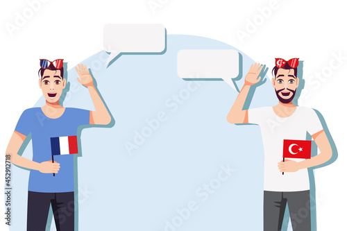 Men with French and Turkish flags. The concept of international communication, education, sports, travel, business. Dialogue between France and Turkey. Vector illustration.