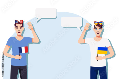The concept of international communication, sports, education, business between France and Ukraine. Men with French and Ukrainian flags. Vector illustration.