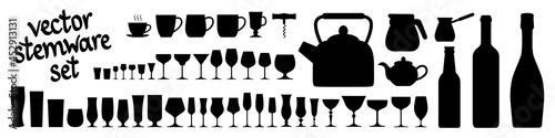 Stemware and glassful collection set. Vector isolated black elements for web, culinary infographic, brochure, restaurant presentation