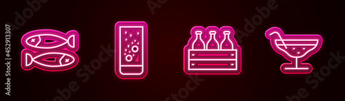 Set line Dried fish, Effervescent tablets in water, Bottles of wine wooden box and Cocktail. Glowing neon icon. Vector
