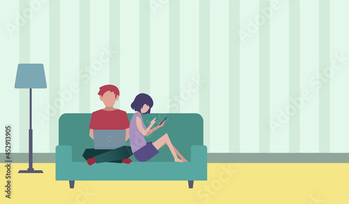 部屋でラップトップを使う男性とスマートフォンを使う女性　人物フラットイラスト