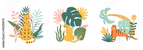 Leopard tropical exotic animals, tiger, leaves. Wild cats set wild animals in the jungle, rainforest vector