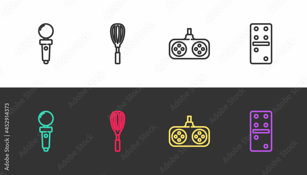 Set line Joystick for arcade machine, Kitchen whisk, Gamepad and Domino on black and white. Vector Set line Joystick for arcade machine, Kitchen whisk, Gamepad and Domino on black and white. Vector