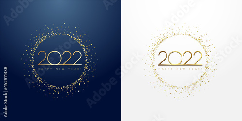 2022 glittering golden circle Happy New Year banner. Gold digits in sparkling ring with dust glitter graphic on dark blue and white background. Beautiful numbers graphic design template
