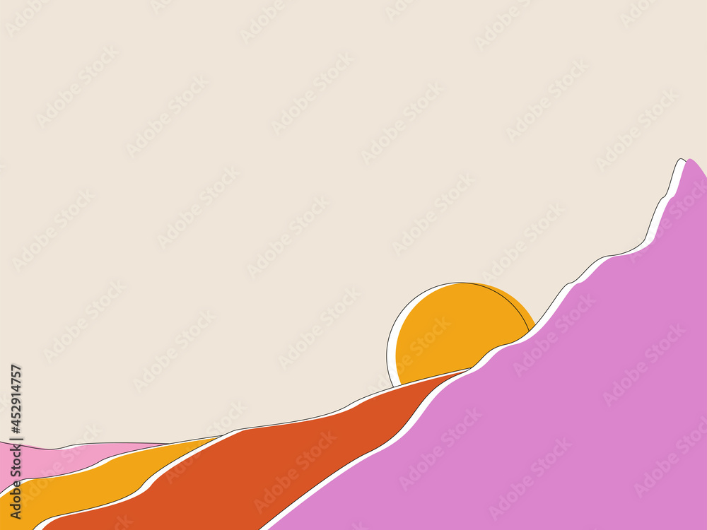 Colorful background with abstract landscape. Mountains and sunset. Vector background with copy space for text. Layout for social networks, banners, posters. Design of wall art, covers