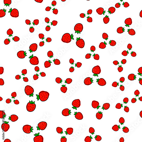 Seamless pattern from set of three doodle hand drawn strawberries.