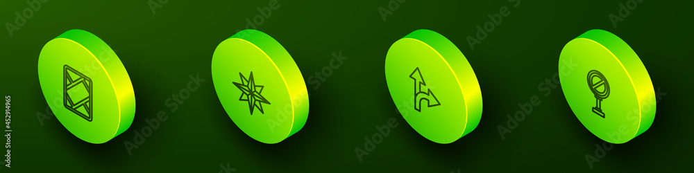 Set Isometric line Gps device with map, Wind rose, Road traffic sign and Stop icon. Vector Set Isometric line Gps device with map, Wind rose, Road traffic sign and Stop icon. Vector