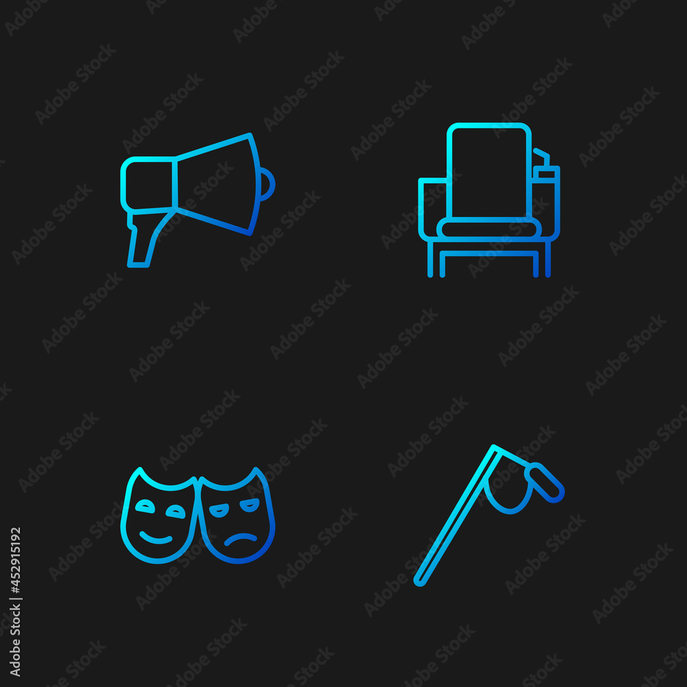 Set line Microphone, Comedy and tragedy masks, Megaphone and Cinema chair. Gradient color icons. Vector Set line Microphone, Comedy and tragedy masks, Megaphone and Cinema chair. Gradient color icons. Vector