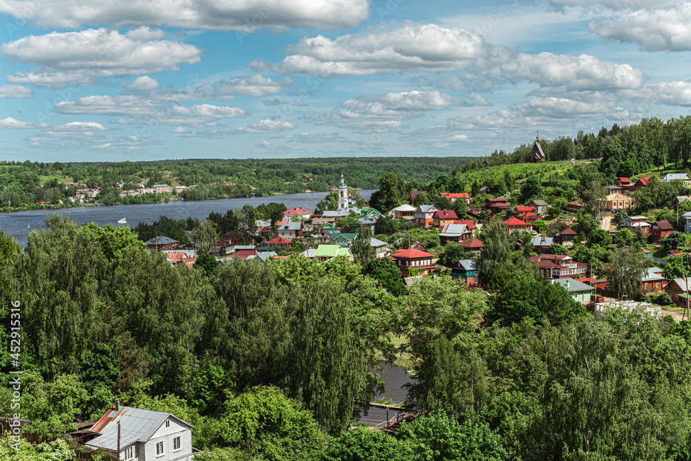 Beautiful ancient Russian city Plyos in the Vladimir region View from the height