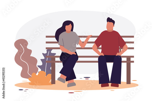 Happy people sitting on bench in park. Cartoon human resting. Healthy lifestyle. Concept of outdoor recreation, vacation and spending free time