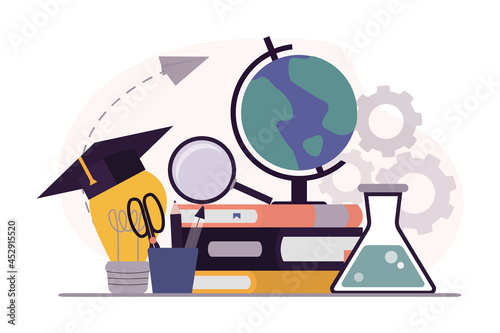 Back to school. Different university and school elements. Collection education equipment. Concept of studying. E-learning and online education.