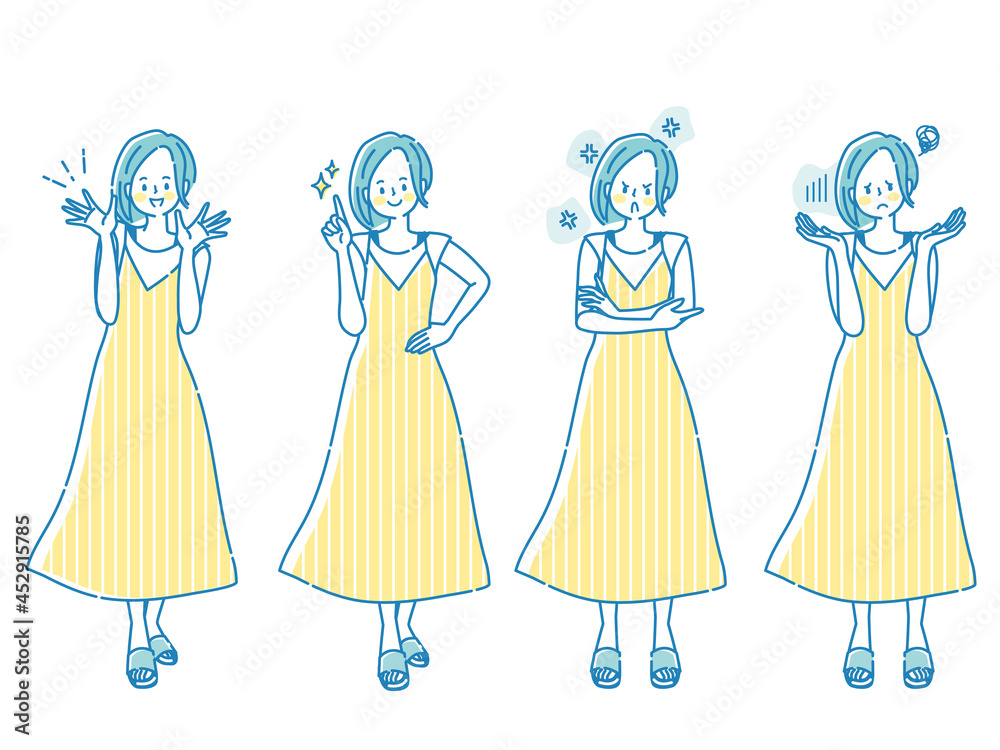 若い女性の表情セットのイラスト