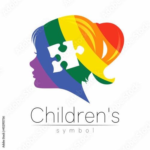 Modern Vector logotype Girl head with Puzzle inside brain in Rainbow Color . Logo sign of Psychology. Profile Human. Creative style. Symbol in vector. Design concept.