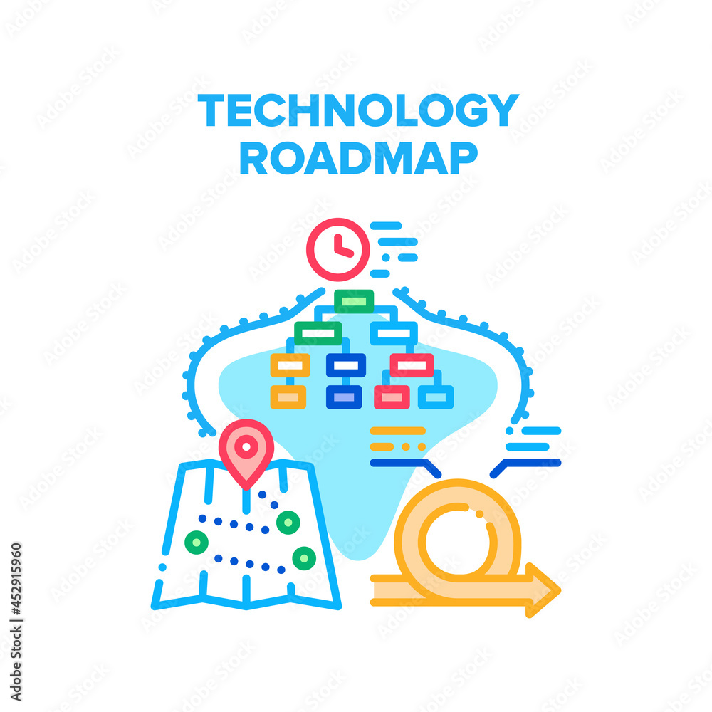 Technology Roadmap Vector Icon Concept. Technology Roadmap For Showing Driver Way Direction, Digital Gps Media System. Navigation Device For Counting Distance And Time Color Illustration Technology Roadmap Vector Icon Concept. Technology Roadmap For Showing Driver Way Direction, Digital Gps Media System. Navigation Device For Counting Distance And Time Color Illustration
