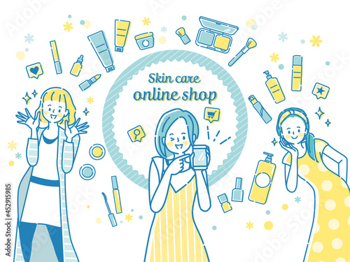 スマホでスキンケアセットを購入する女性達
