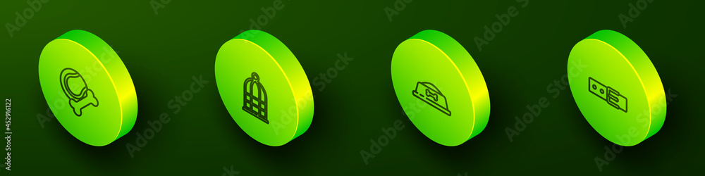 Set Isometric line Pet toys bone rubber and ball, Cage for birds, food bowl and Collar with name tag icon. Vector Set Isometric line Pet toys bone rubber and ball, Cage for birds, food bowl and Collar with name tag icon. Vector