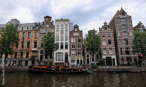 An overcast day on a Dutch canal in Amsterdam, the Netherlands