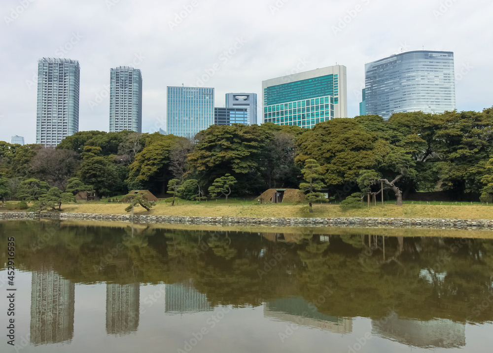 View of skyscrapers towering over the Hamarikyu Gardens in Tokyo, Japan