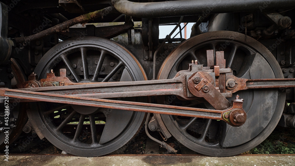 Old historic train depot locomotive wheels detail