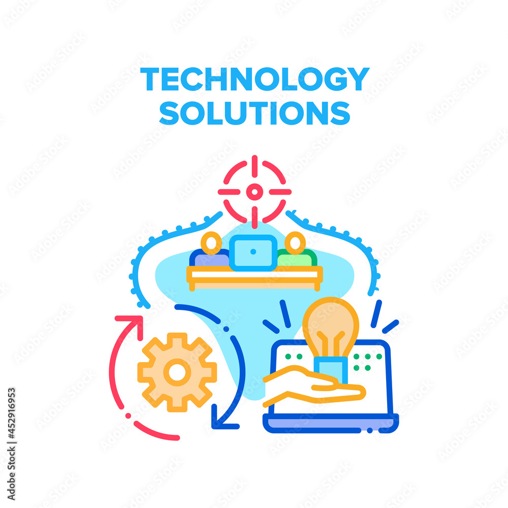 Naklejka premium Technology Solutions Vector Icon Concept. Technology Solutions For Planning Strategy And Developing Startup, Innovation Creative Idea. Smart Electronic Device And Software Color Illustration