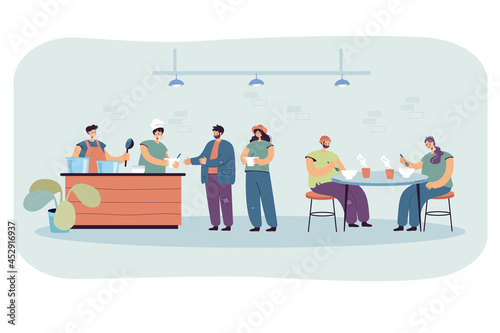 Cartoon homeless people eating food at refectory. Volunteers helping refugees in shelter at night flat vector illustration. Charity  poverty concept for banner  website design or landing web page