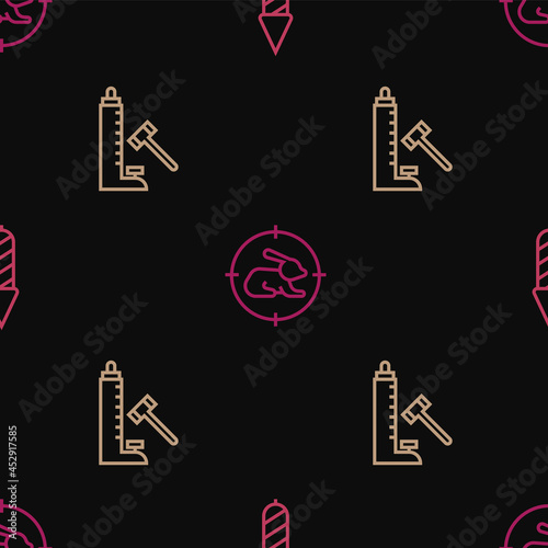 Set line Firework rocket, Striker attraction with hammer and Hunt rabbit crosshairs on seamless pattern. Vector