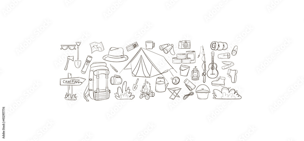 Camping and travel items set. Hand drawn style. Hat, canned food, sleeping bag, binoculars, compass, kettle, tent, sleeping bag, fishing rod bucket boots. Vector illustration