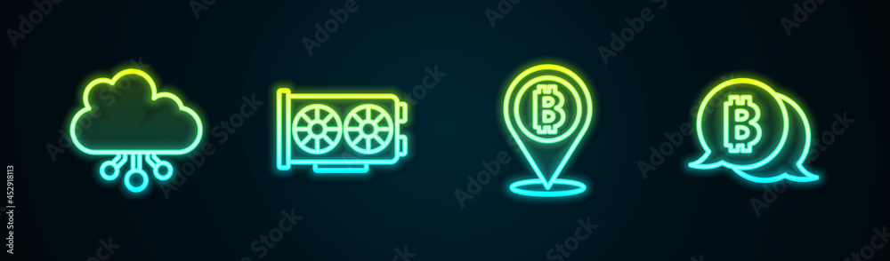Set line Cryptocurrency cloud mining, Video graphic card, Bitcoin and . Glowing neon icon. Vector