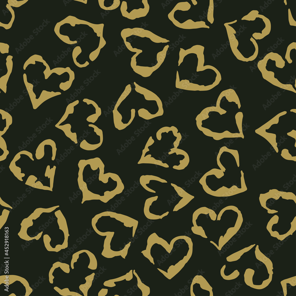 Leopard heart seamless pattern. Vector animal print. Gold spots on black background. Jaguar, leopard, cheetah, panther fur. Leopard skin imitation can be painted on clothes or fabric.