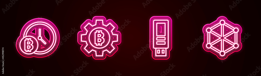 Set line Bitcoin with clock, Cryptocurrency, USB flash drive and Blockchain technology. Glowing neon icon. Vector Set line Bitcoin with clock, Cryptocurrency, USB flash drive and Blockchain technology. Glowing neon icon. Vector