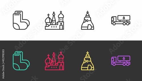 Set line Valenki, Saint Basil's Cathedral, The Tsar bell and Tanker truck on black and white. Vector
