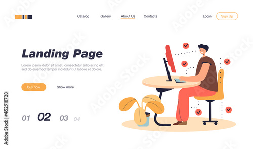 Man showing correct position for sitting at desk flat vector illustration. Cartoon man sitting on chair and using computer. Ergonomic work in office and healthy posture concept