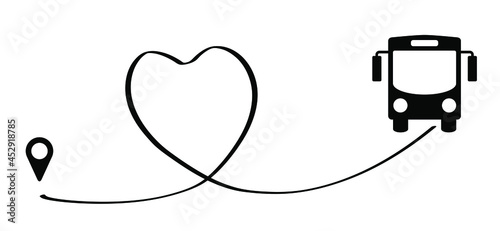 Vacation route, point location holiday symbol. Bus route with pin. Line pattern. Vector love with heart sign. Bus symbol or logo. For travel; vacation; work, school. 