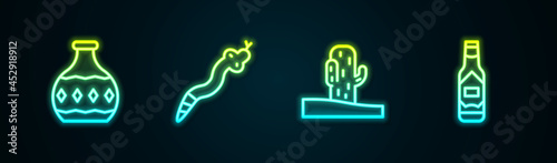 Set line Tequila bottle, Snake, Cactus and Tabasco sauce. Glowing neon icon. Vector