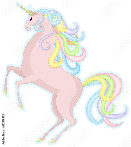 Pink unicorn standing on its hind legs . Design for print, sticker, applique, etc.