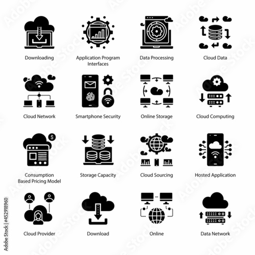 Cloud Computing Network Glyph Icons - Solid, Vectors