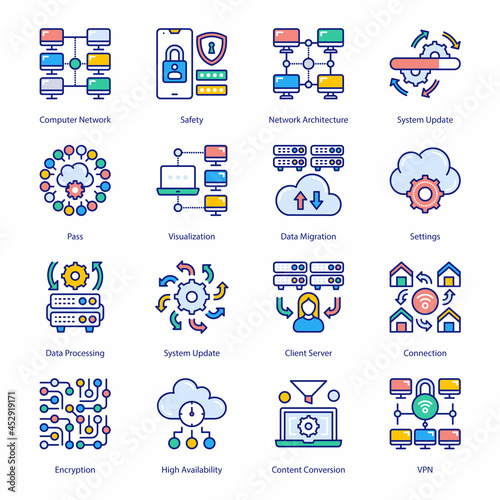 Cloud Computing Network Filled Icons - Stroked, Vectors
