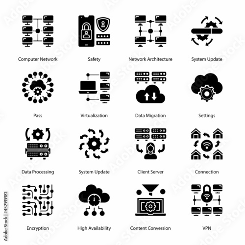 Cloud Computing Network Glyph Icons - Solid, Vectors