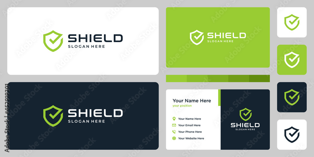 Abstract shield logo design template with check mark graphic vector illustration. Symbol, icon, creative.