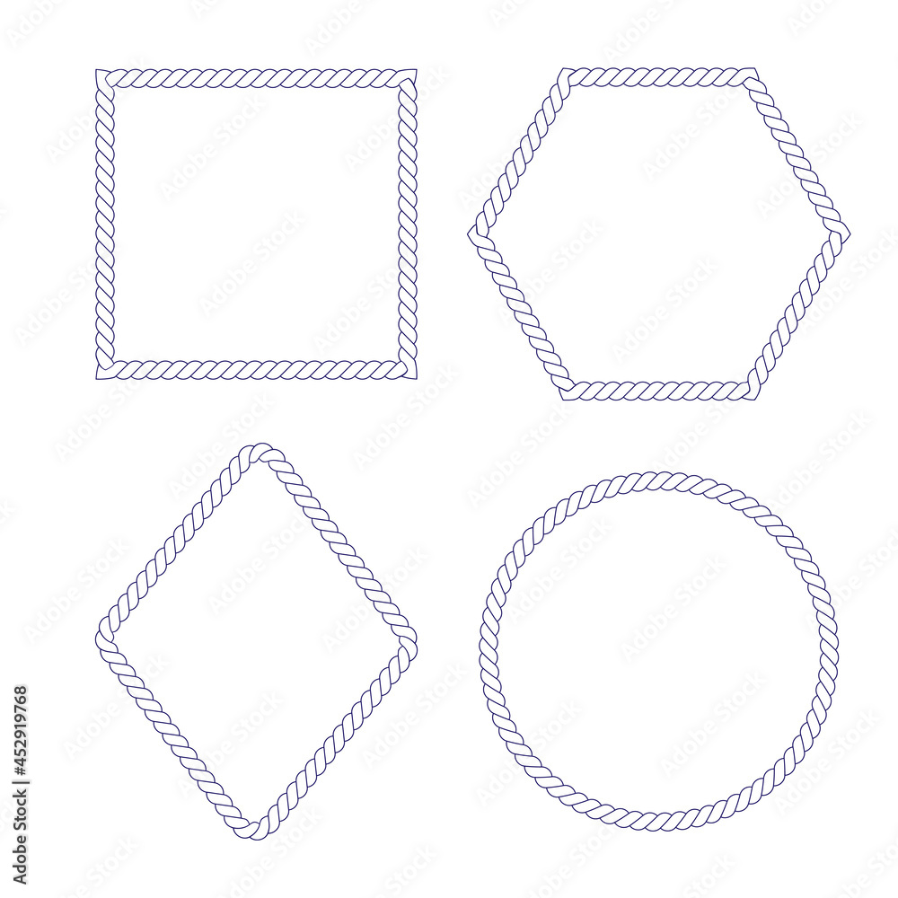 Rope frames set vector illustration. Collection of shapes isolated on the white background. For decoration and design in marine style.