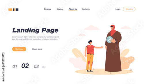 Muslim woman giving alms to messy boy. Female character in traditional Arabic clothes helping child flat vector illustration. Ramadan, celebration, charity concept for banner, website design