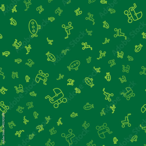 Set line Submarine toy, Baby stroller and on seamless pattern. Vector
