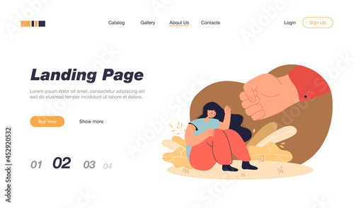 Huge fist threatening sad woman. Man abusing female character flat vector illustration. Domestic violence, family abuse, discrimination concept for banner, website design or landing web page