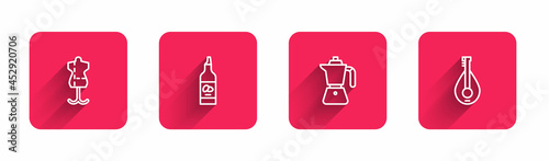 Set line Mannequin, Bottle of olive oil, Coffee moca pot and Mandolin with long shadow. Red square button. Vector