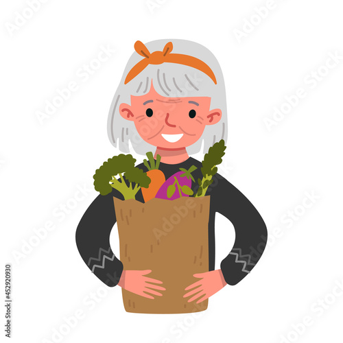 An elderly woman holds a package of groceries, fruits and vegetables in an eco-bag and smiles. Healthy lifestyle of retirees. Shopping for ecological products. Vector portrait of cartoon character