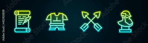 Set line Decree, parchment, scroll, Body armor, Crossed arrows and Ancient bust sculpture. Glowing neon icon. Vector