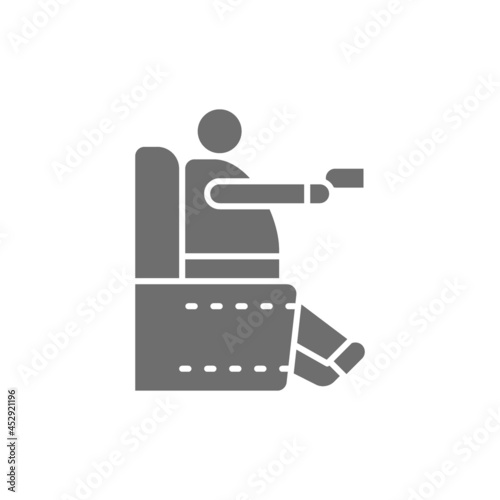 Fat man sitting in chair, obesity, sedentary lifestyle grey icon.