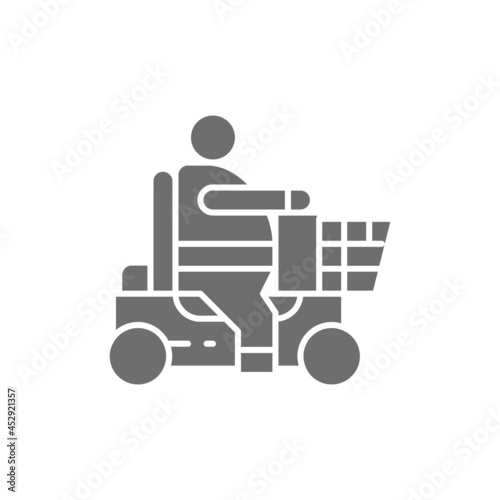 Fat man sitting in wheelchair, disabled carriage, obesity grey icon.