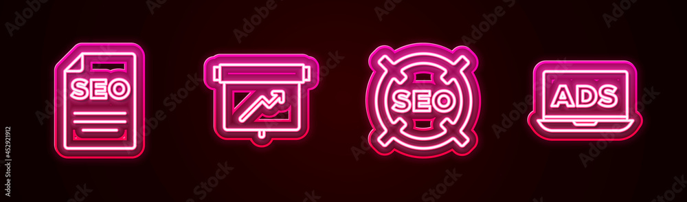 Set line SEO optimization, Board with graph chart, and Advertising. Glowing neon icon. Vector Set line SEO optimization, Board with graph chart, and Advertising. Glowing neon icon. Vector
